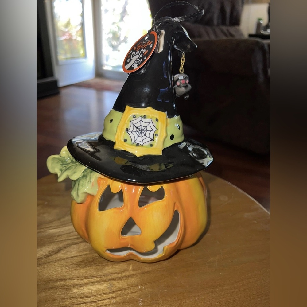 BLUE SKY Halloween Pumpkin Jack O Lantern Witch Hat Tea Light Candle Holder Boo